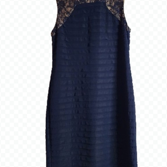 Adriana Papell Women's Size 12 Navy Blue Lace Sheath Dress Shutter Pleated - Picture 2 of 10